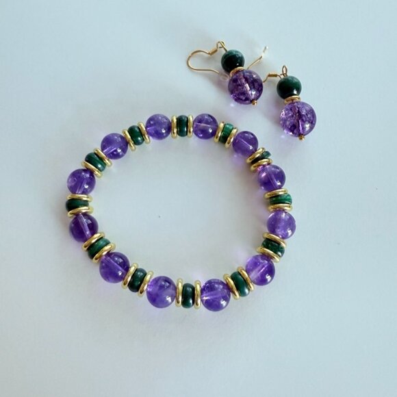 Amethyst & Malachite Jewelry Set – Bracelet + Earring - Picture 2 of 12